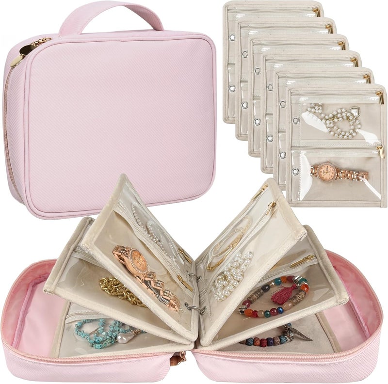 LingLingo Travel Jewelry Organizer Case,Small Jewelry Bags for Traveling, Jewelry Binder with 24 Pcs Clear Zipper Velvet Pouches (Pink) - Image 1